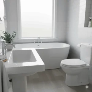 Image of a clean bathroom interior showing a shiny, grime-free tub, toilet, and sink using Method products.