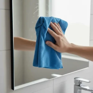 Close-up of a hand using a blue microfiber cloth to achieve a streak-free shine on a bathroom mirror.