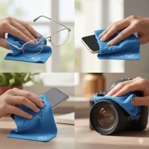 A collection of lenses, including eyeglasses, a smartphone screen, and a camera lens, being cleaned simultaneously with the proper fabric to clean glasses.