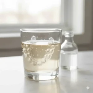 Image of a night guard submerged in a solution of white vinegar and water, a natural and best way to deeply clean and disinfect.