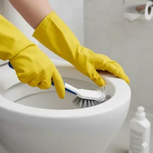 Using the best gloves for cleaning a toilet bowl to ensure hygiene and protect skin from germs and bleach.