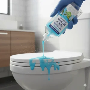 Illustration of a toilet bowl being cleaned with a Method cleaner toilet product for an antibacterial clean.