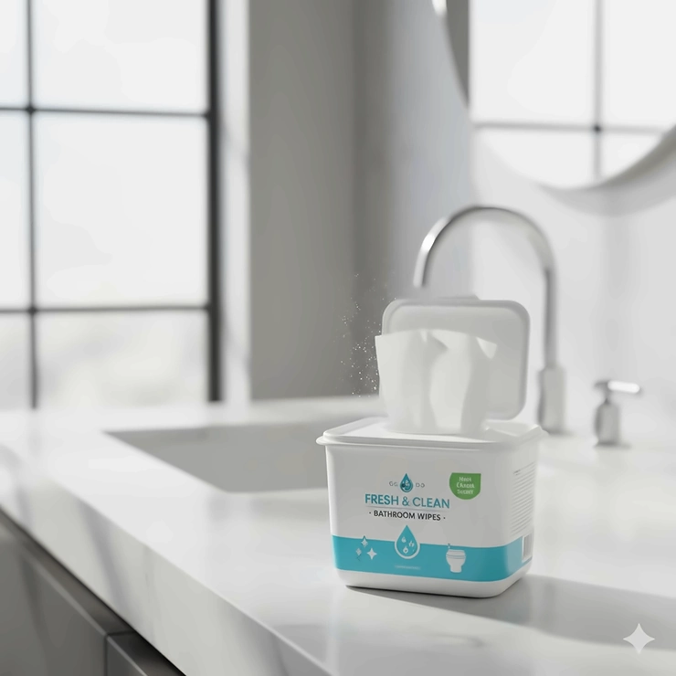 Bathroom cleaning wipes container on a spotless white counter with a fresh, clean scent visible.