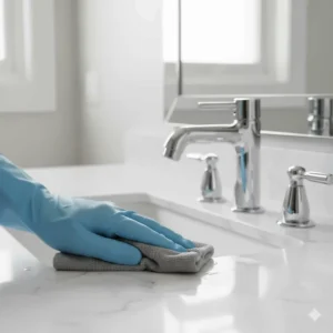 Close-up of a hand using a bathroom cleaning wipe to scrub around a sink faucet.