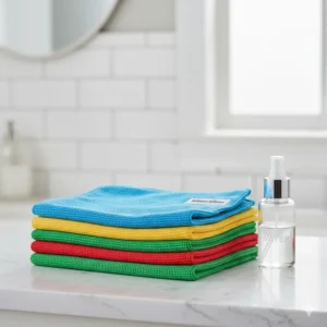 Stack of brightly color-coded microfiber cloths showing different options for various bathroom cleaning tasks.