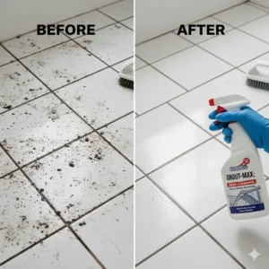 Before-and-after comparison showing the effectiveness of a commercial bathroom cleaner on dirty grout and tile surfaces.