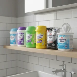 Lineup of different brands of disinfectant cleaning wipes for bathroom surfaces on a shelf.