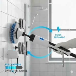 Diagram showing the long-lasting rechargeable battery life of the cordless bathroom cleaning machine.