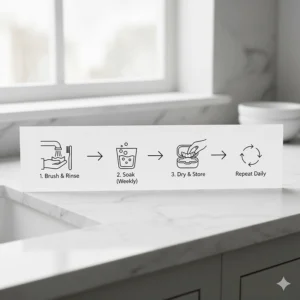 A simple icon or flow chart illustrating the recommended daily cleaning routine for your night guard.