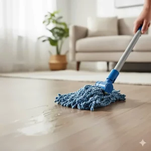A hand holding a microfiber mop that is slightly damp, emphasizing that the mop should not be soaking wet when cleaning LVP flooring.