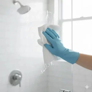 Hand cleaning a glass shower door with a strong, pre-moistened disinfecting cleaning wipe.