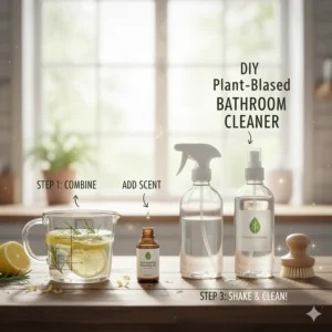 Simple recipe steps for making a homemade plant based bathroom cleaner with basic household items.