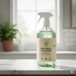 Image of an environmentally eco-friendly commercial bathroom cleaner bottle with green packaging and non-toxic label.