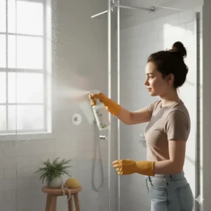 Woman spraying a shower with a non-toxic, plant based bathroom cleaner solution.