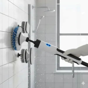 A powerful handheld bathroom cleaning machine featuring interchangeable heads for deep scrubbing.