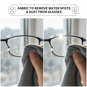 A close-up showing the cloth effectively lifting and removing stubborn water spots and dust from the lens surface.