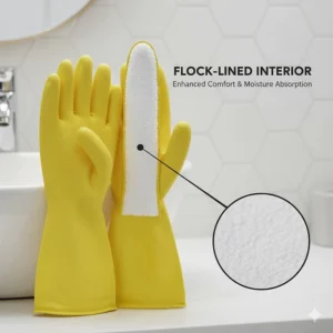 Diagram showing the soft flock-lined interior of cleaning gloves for enhanced comfort and sweat absorption.