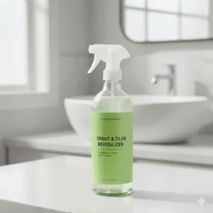 A close-up view of the powerful grout cleaner spray bottle included in the bathroom cleaner kit.