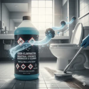 Illustration of a heavy-duty commercial bathroom cleaner specifically formulated for odor control and deep cleaning.