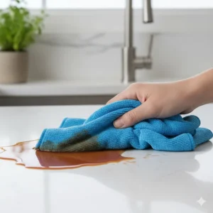 A demonstration of the microfiber cleaning cloth's superior absorbency, soaking up a spilled liquid on a kitchen counter.