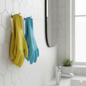 Clean gloves hanging to dry on a wall hook, illustrating proper storage to prolong the lifespan of the material.