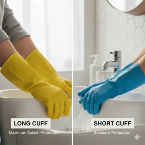Comparison illustrating long cuff bathroom cleaning gloves versus short ones for maximum forearm and splash protection.
