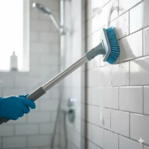A long-handled scrub brush being used to clean bathroom tiles, making it easier to reach high and low spots during cleaning.