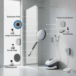 Full set of specialized bathroom cleaning machine accessories including scrub pads, corner brushes, and extension pole.
