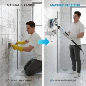 A visual comparison highlighting the efficiency and effort saved by using a professional bathroom cleaning machine.