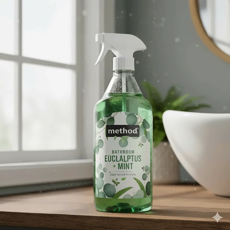 Close-up of the Method cleaner bathroom spray bottle with Eucalyptus Mint scent and plant-based formula.