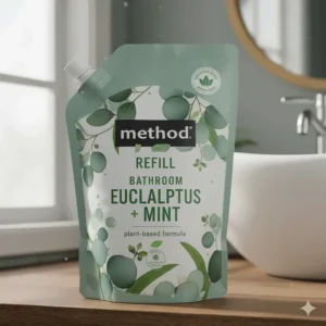 A large refill pouch for the Method cleaner bathroom product, highlighting its eco-friendly, refillable format.