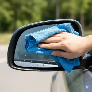 Microfiber cloth in use for cleaning a car's side mirror, demonstrating its versatility for glass and mirrors outside the home.
