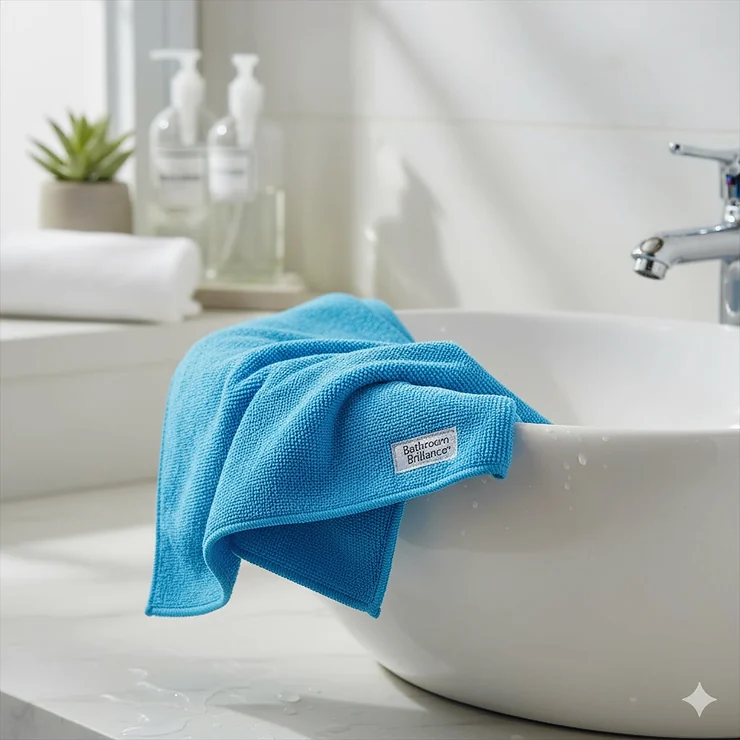 A brightly colored microfiber cloth for bathroom cleaning draped over the edge of a clean bathroom sink, ready for use.