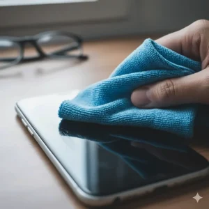 A folded microfiber cloth cleaning a delicate glass surface, like a smartphone screen or eyeglasses, highlighting scratch-free use.