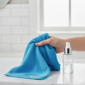 Microfiber cloth for cleaning paired with a simple spray bottle of water for a chemical-free bathroom clean.
