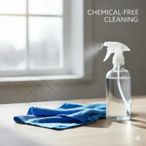 Conceptual image showing a microfiber cloth and water bottle, emphasizing streak-free, chemical-free cleaning for glass and mirrors.