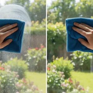 Illustration of a hand wiping a dusty window with a microfiber cloth, showing the clear, streak-free results on the glass.