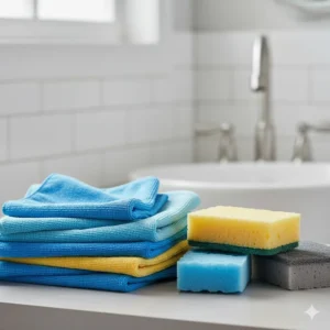 A stack of soft, absorbent microfiber cloths and durable cleaning sponges, essential small bathroom cleaning utensils.