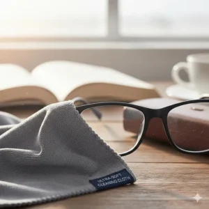 A close-up shot of a soft, gray microfiber fabric to clean glasses, highlighting the tight weave designed for streak-free cleaning.