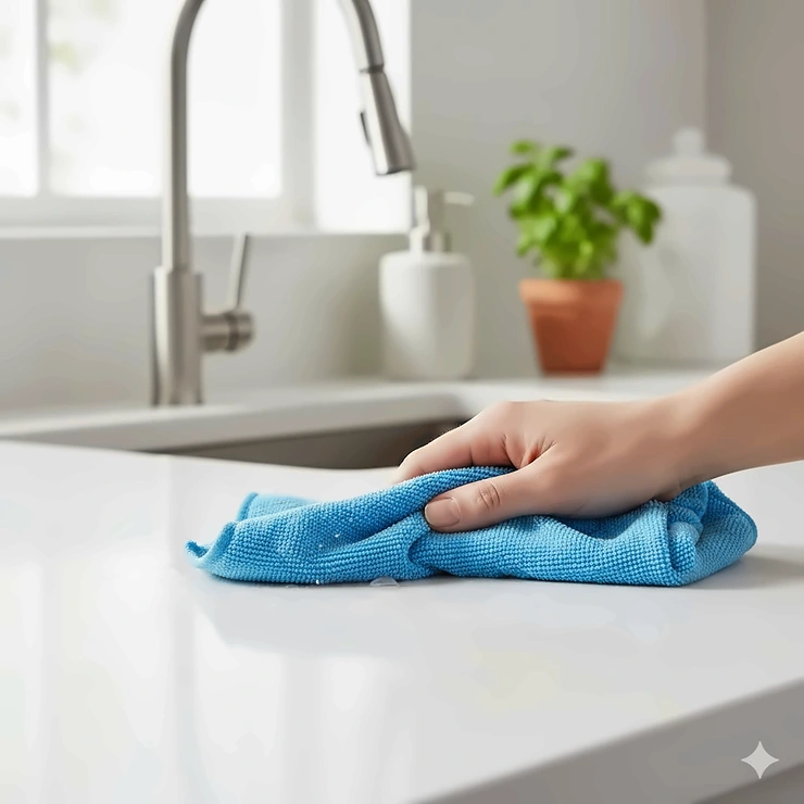 Microfiber cleaning cloth for kitchen counters, shown wet and ready for a streak-free wipe-down.