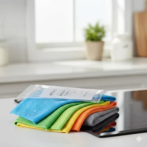 An image showing a multi-pack of colorful microfiber cleaning cloths, perfect for color-coding different kitchen cleaning tasks.