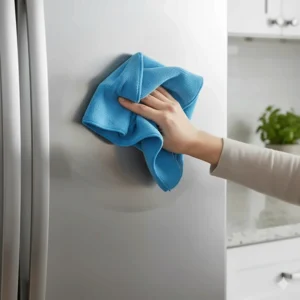 A blue microfiber cleaning cloth effortlessly polishing a kitchen stainless steel appliance to a streak-free shine.