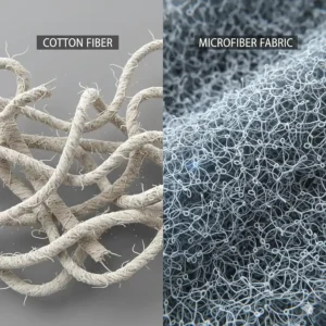 Highly magnified illustration comparing the structure of a sharp-edged cotton fiber to the tiny, round hooks of the synthetic fabric to clean glasses (microfiber).
