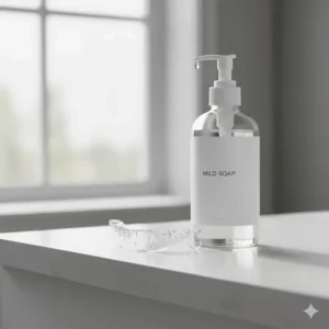 A bottle of mild, unscented soap next to a night guard, emphasizing the safe and effective cleaning agent option.