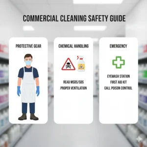 Graphic depicting the necessary safety precautions and PPE when handling strong commercial bathroom cleaner chemicals.