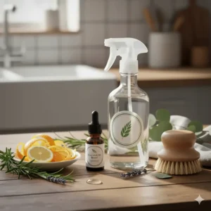Close-up of natural cleaning ingredients like vinegar, essential oils, and citrus peels.