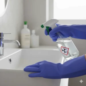 Blue nitrile gloves, demonstrating excellent chemical protection for tough bathroom cleaning jobs.