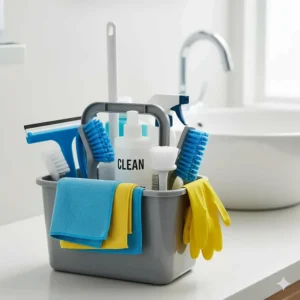 A caddy or tote bag containing a complete set of bathroom cleaning utensils and supplies, ready for use.