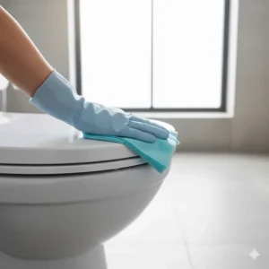 Person quickly and easily wiping the outside of a toilet with a disposable cleaning wipe.
