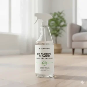 A bottle of pH-neutral floor cleaner that is safe and recommended for use as the best way to clean LVP flooring without damage.